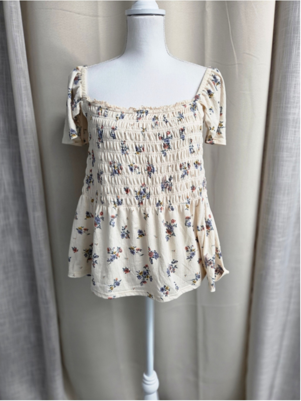 Rewind Cream Floral Smocked Peplum Blouse Fairycore Cottagecore Size XXL